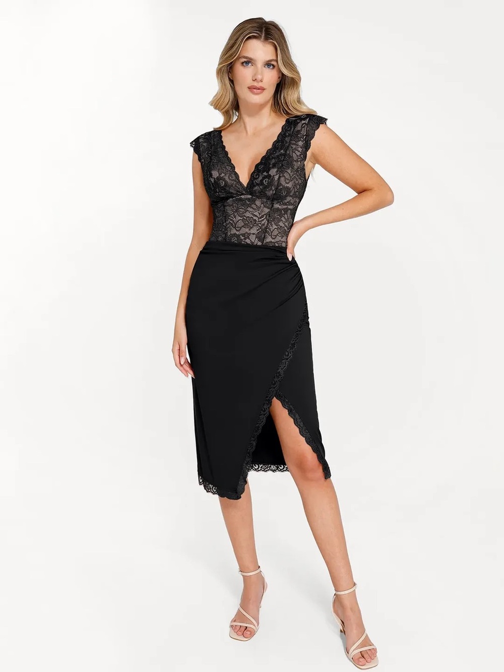 NWT Popilush Shapewear Slimming Lace Trim Midi Wrap pencil Skirt - Black Size L